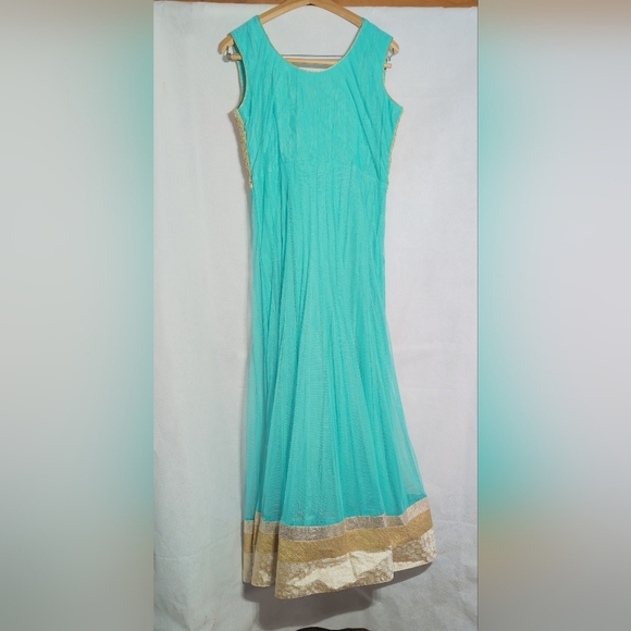 Unbranded Aqua & Gold M Anarkali  Women's Net Dress W/ Matching Scarf - Picture 3 of 8